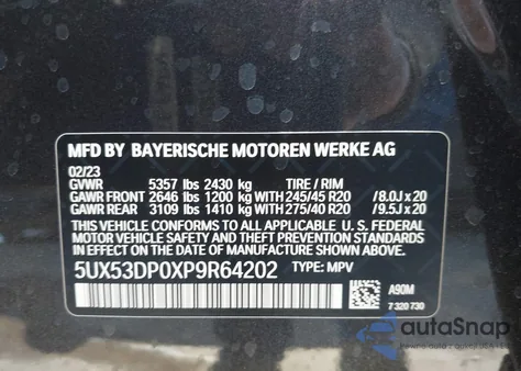 2023 BMW X3 xDrive30I из США, поврежденный, VIN 5UX53DP0XP9R64202